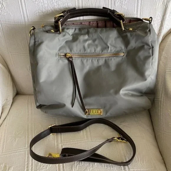 Unique Grey SM Nylon Crossbody Bag w Chocolate Leather Handles, Strap & Zippers - Picture 5 of 7